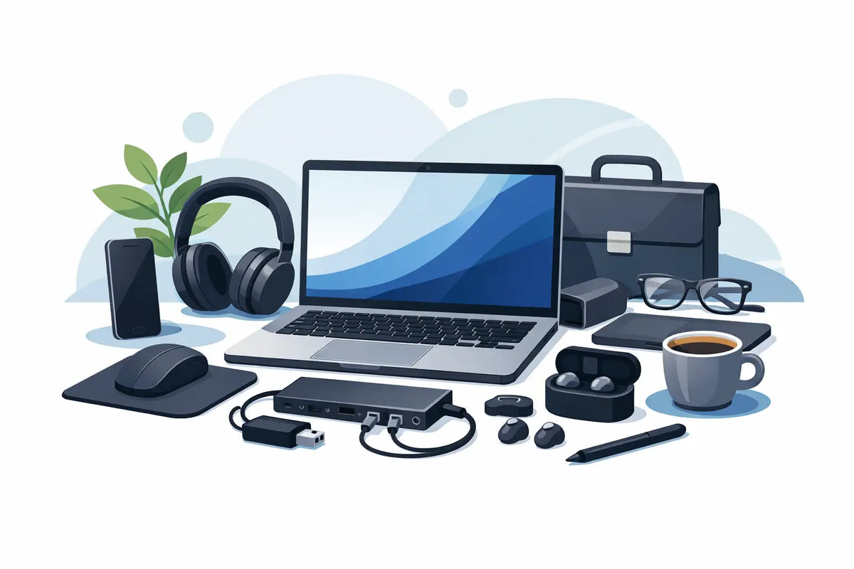 Accessoires voor zakelijke laptop die werken