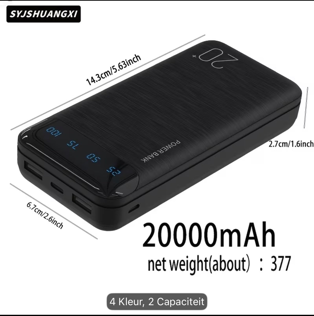 XXV Powerbank 20000 mAh - LED Display - USB-C Input - Dual USB-A Output - Snellader - Universeel voor iPhone & Samsung - Zwart/Grijs