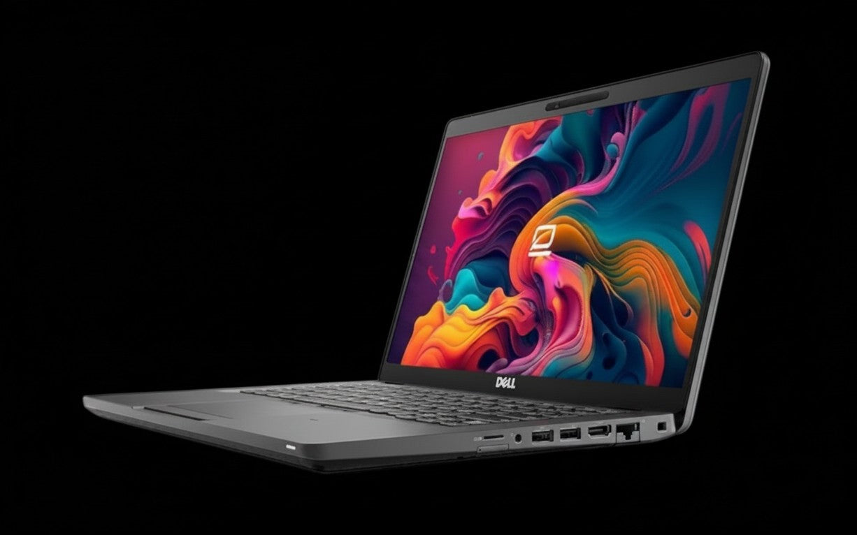Bestellaptops Dell Latitude 5400 zakelijke laptop met 14 inch scherm en kleurrijk display op zwarte achtergrond