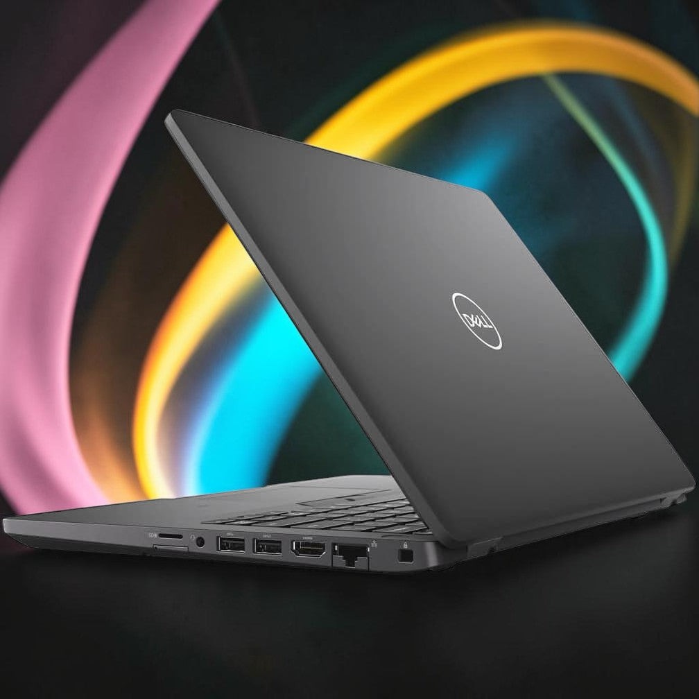 Bestellaptops Dell Latitude 5400 zakelijke laptop in zwarte behuizing, schuin achteraanzicht met zichtbare poorten.